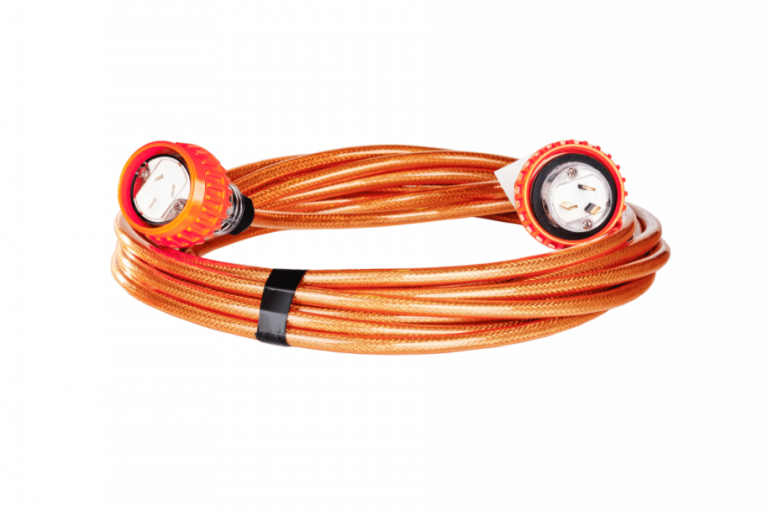 An Air coiled 240v clear orange sheath extension lead with IP66 Australian approved plugs and sockets.